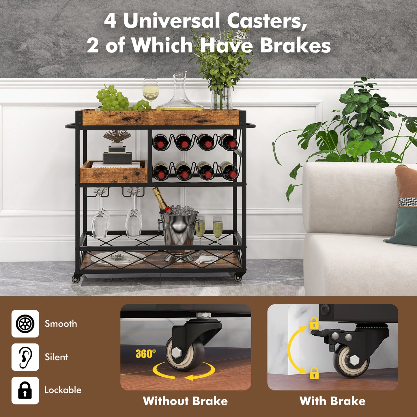 Home Bar Serving Car with Removable Tray-Rustic Brown, Costway, 9