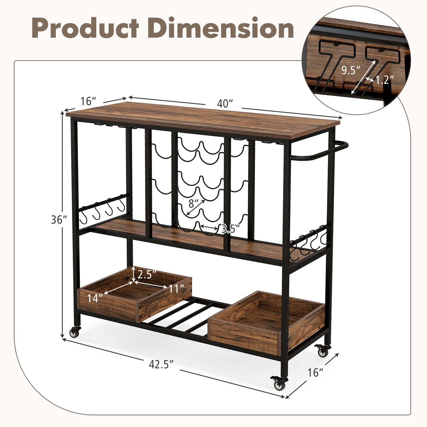 3 Tiers Bar Cart on Wheels with Glass Racks-Rustic Brown, Costway, 1