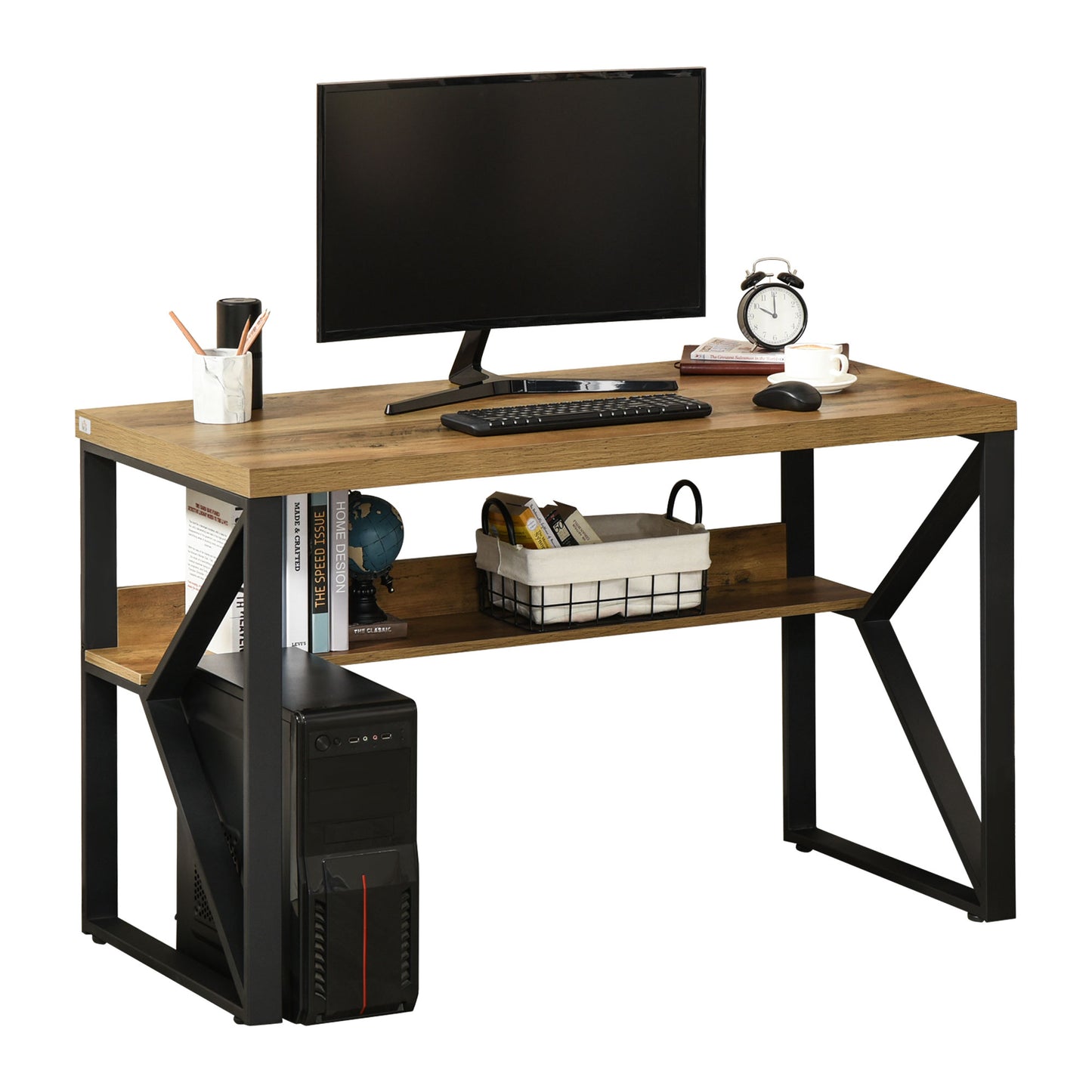 Computer Desk Writing Desk Home Office PC Laptop Workstation with Storage Shelf 120 x 60 x 76cm Black Brown Wood Effect, HOMCOM, 1