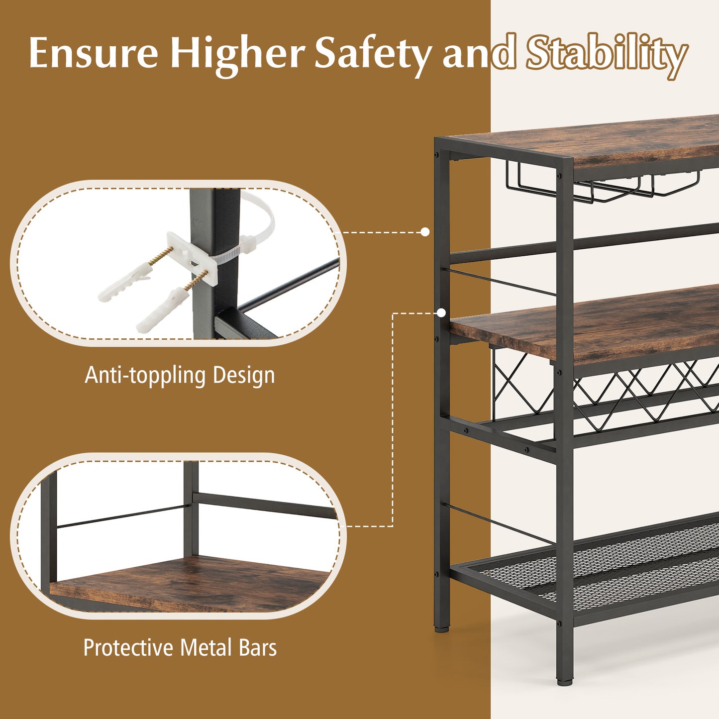 104 CM Wine Rack with 4 Glass Holders-Rustic Brown, Costway, 1