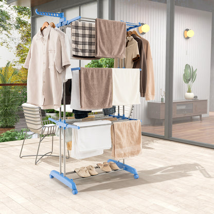 Foldable Clothes Drying Rack, 4-Tier Foldable Clothes Drying Rack with Lockable Wheels, Blue, Costway