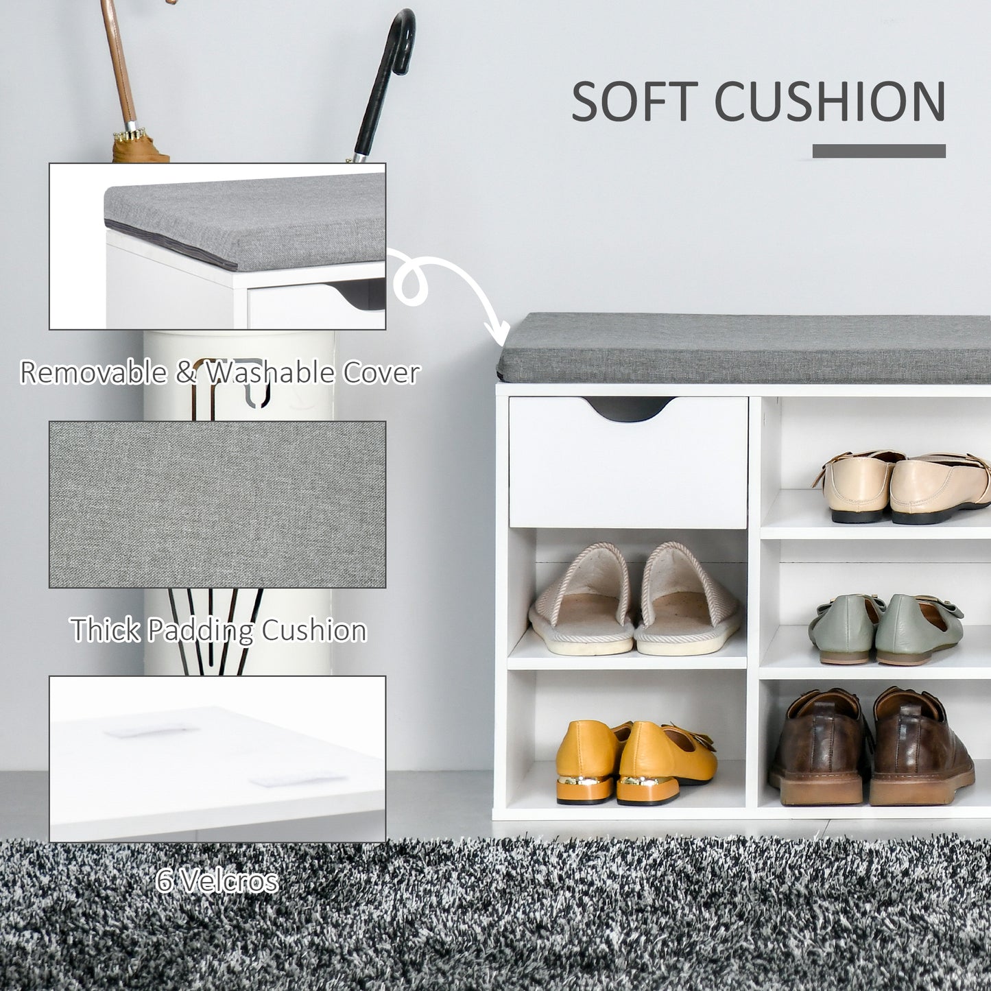 Shoe Bench with Seat Cushion Shoe Storage Cabinet with 7 Compartments Drawer Adjustable Shelves for Entryway Hallway Living Room White and Grey, HOMCOM, 6