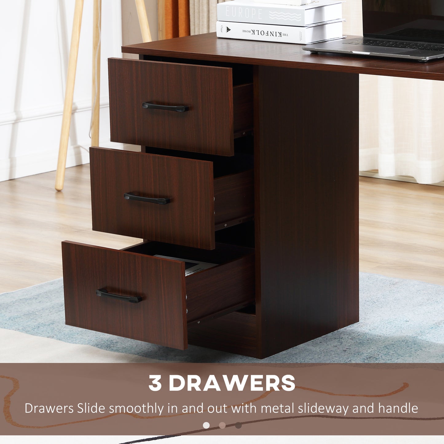 Computer Desk, Writing Table, PC Workstation with 3 Storage Shelves and Drawers, Black Handle, for Home Office, Walnut Brown, HOMCOM, 5