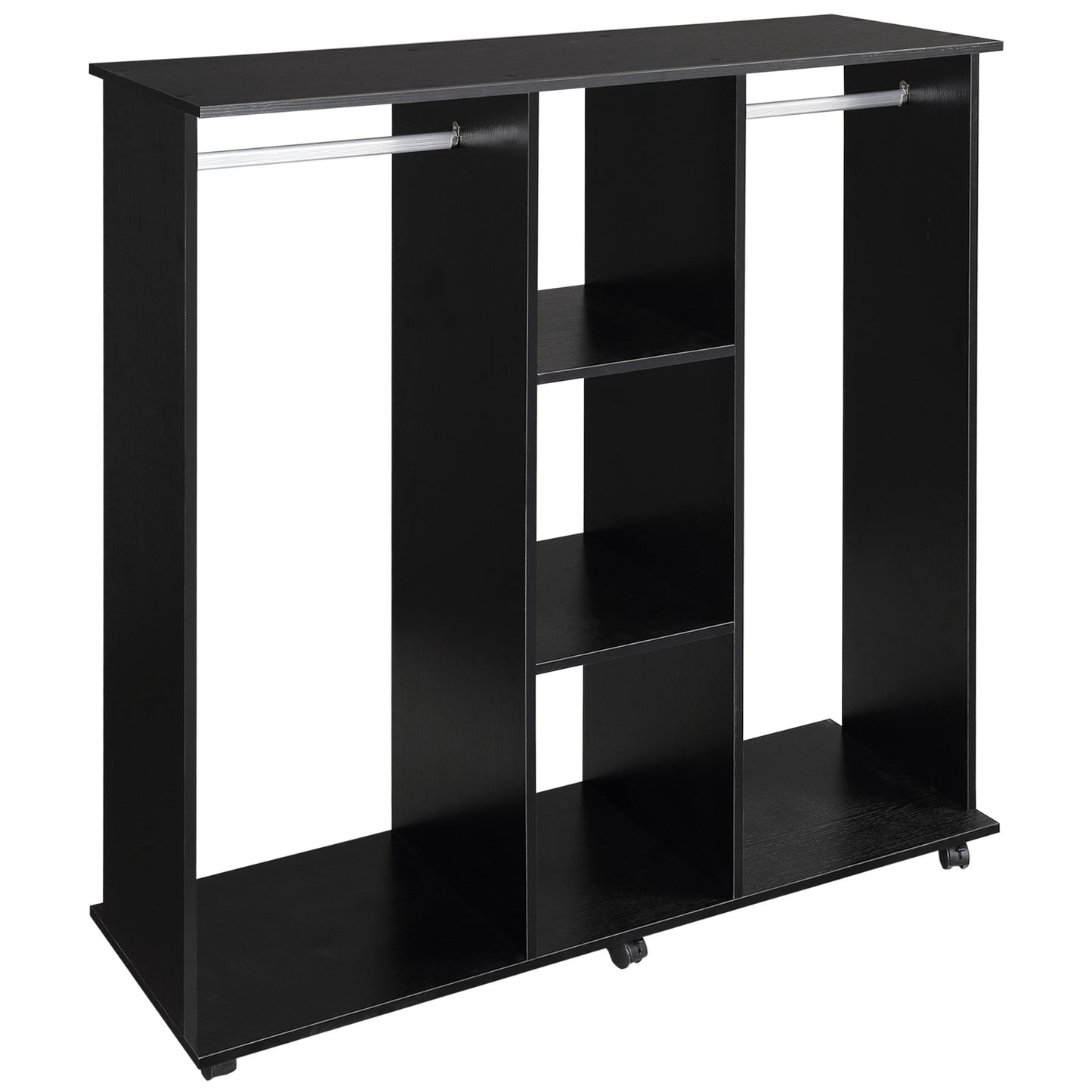 Double Open Wardrobe on Wheels, Bedroom Wardrobe with Clothes Hanging Rails, 3 Storage Shelves, Mobile Garment Rack for Cloakroom, Hallway, Black, HOMCOM, 1