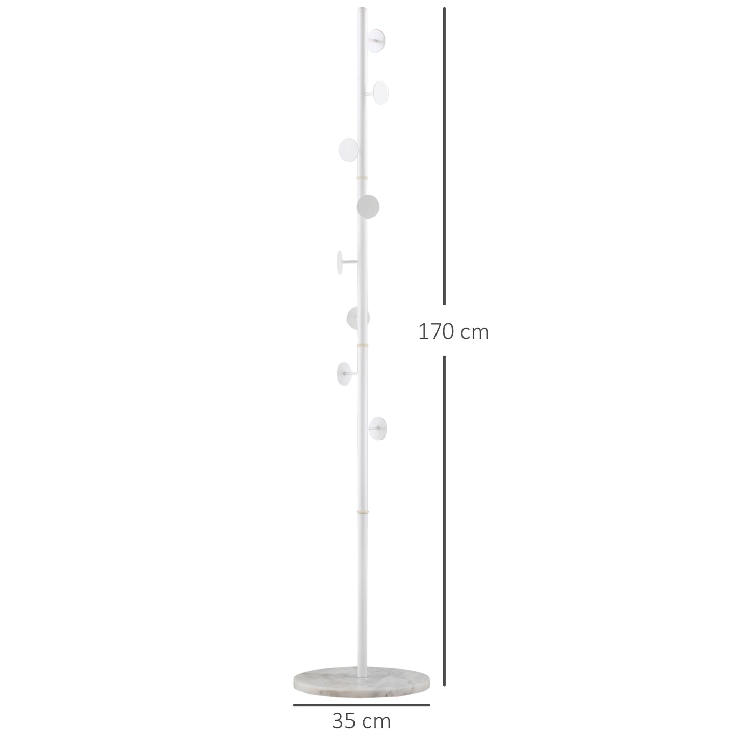 Coat Rack Free Standing Hall Tree with 8 Round Disc Hooks for Clothes, Hats,Purses, Steel Entryway Coat Stand with Marble Base for Entryway, Living Room, Bedroom, White, HOMCOM, 3
