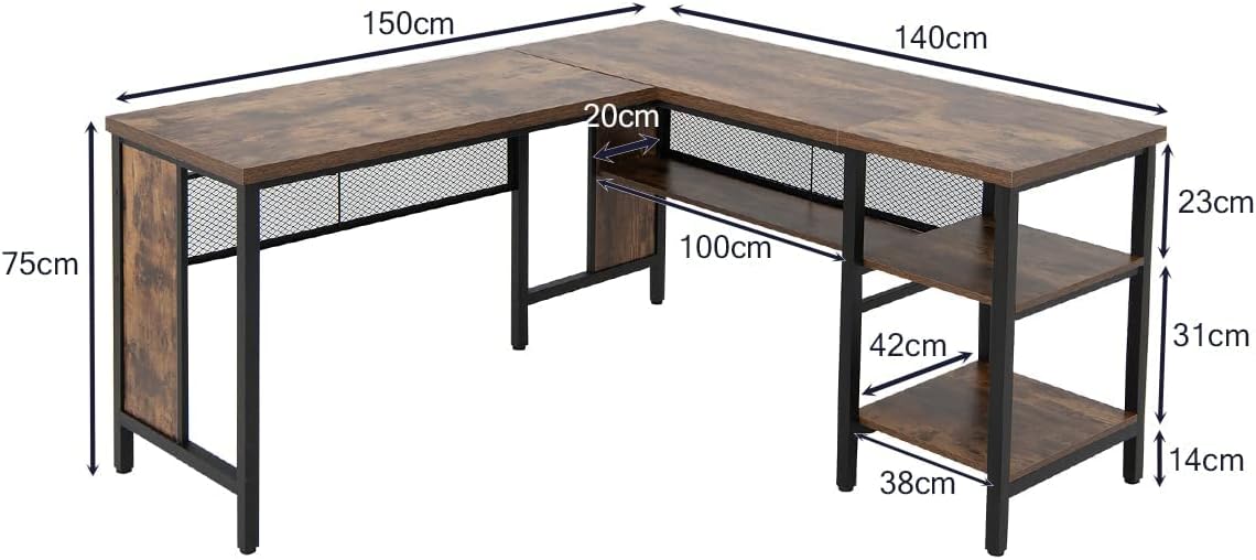 150 x 140 x 75cm Large Corner L-Shaped Computer Desk with 3 Storage Shelves-Rustic Brown, Costway, 1