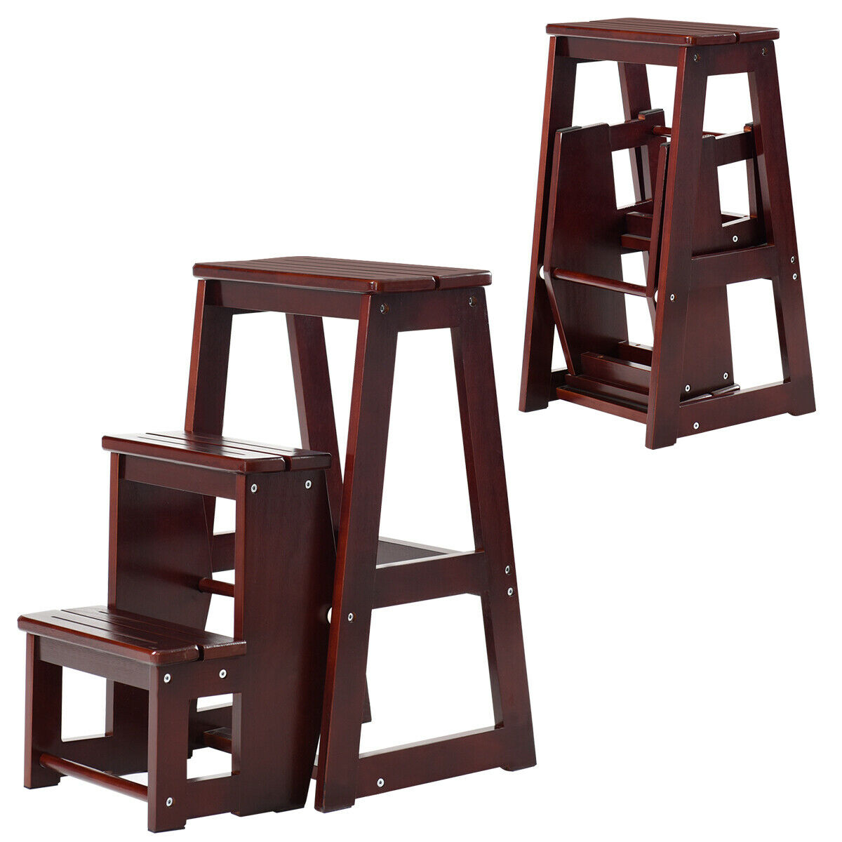 Step Stool, Folding Step Stool, 3 Step Ladder, Folding 3 tier Step Stool Wooden Folding Stepladder Shelf, Walnut, Costway, 2