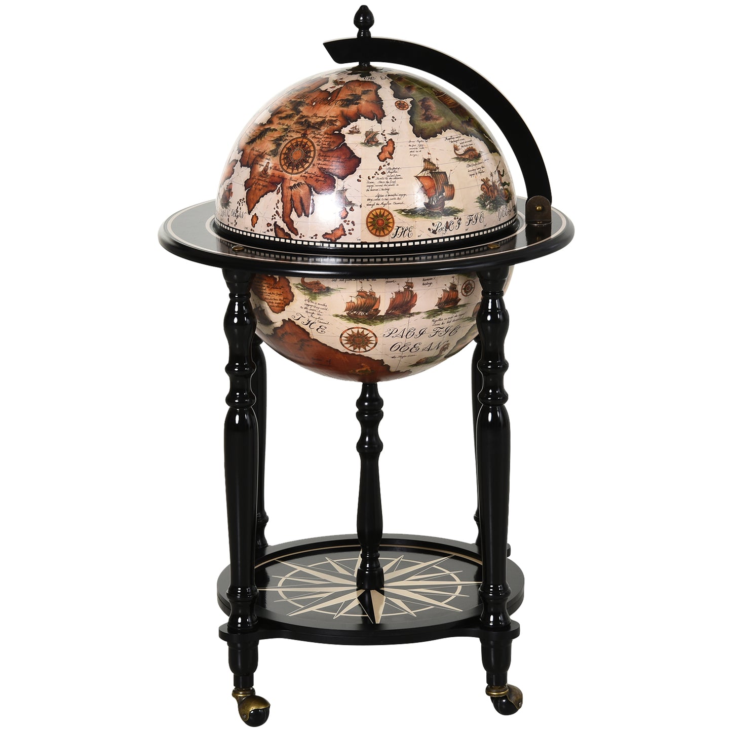 Unique Globe Drinks Cabinet Wood Frame 3 Compartments Bottles Glasses w/ Bottom Shelf 4 Wheels Elegant Antique Movable Safe Storage Presentation Wine Alcohol Beverage Trolley Brown Beige, HOMCOM, 8