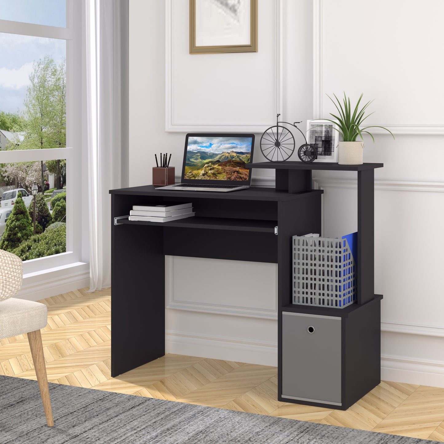 Computer Desk with Sliding Keyboard Tray Storage Drawer Shelf Home Office Workstation Black, HOMCOM, 2