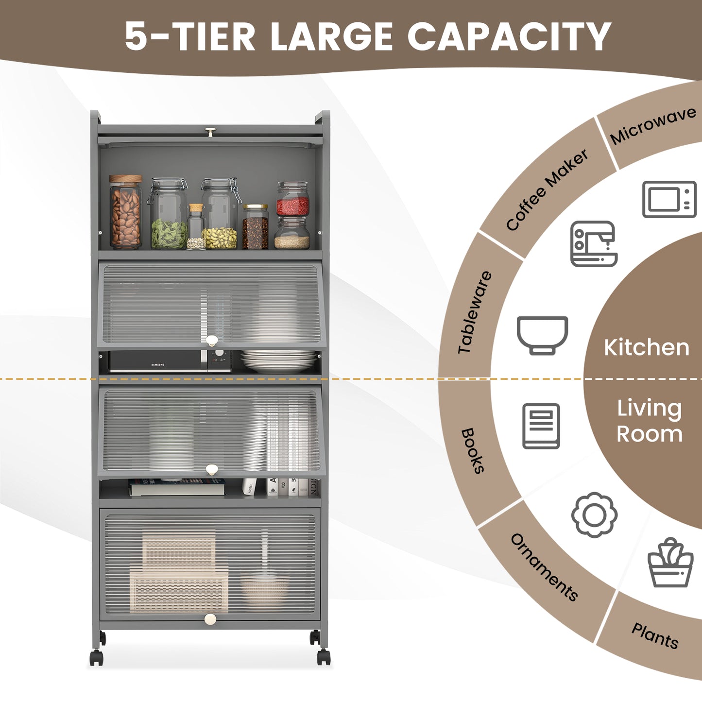 5-Tier Kitchen Bakers Rack Mobile Microwave Stand with Flip-up Doors-Grey, Costway, 7