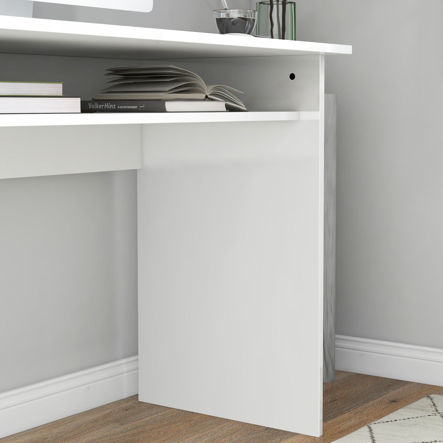 90 x 50cm Computer Table, Modern Home Office Desk, Small Writing Desk with Storage Shelf, High Gloss White, HOMCOM, 7