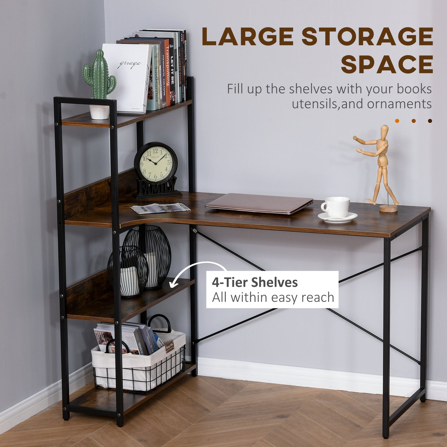 Computer Desk with 4-Tier Storage Shelf, Study Table, Home Office Desk with Bookshelf and Metal Frame, 120 x 70 x 120cm, Brown, HOMCOM, 5