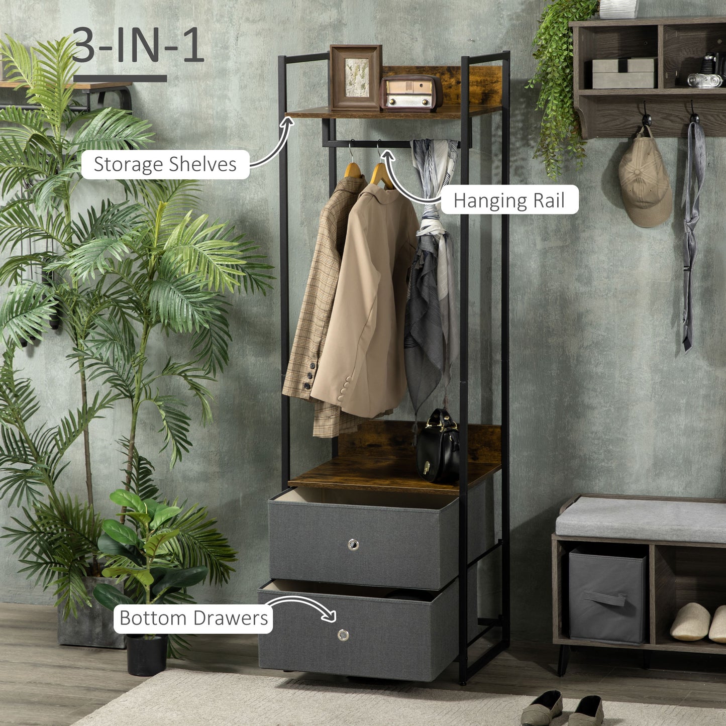 Clothes Rail, Metal Coat Stand, Garment Rack with 2 Fabric Storage Drawers, Single Wardrobe for Bedroom, Hallway, Rustic Brown and Grey, HOMCOM, 4
