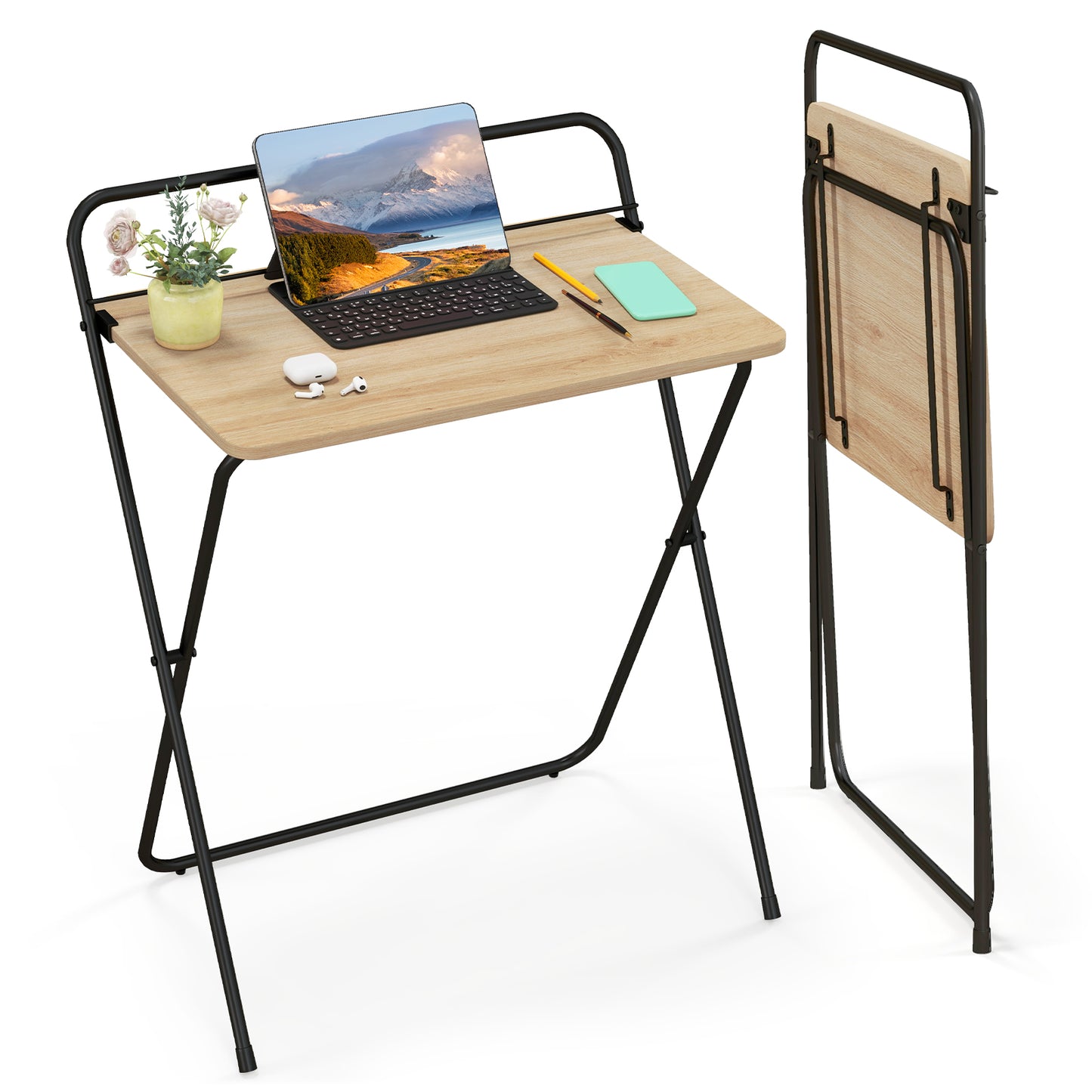 60CM Folding Computer Desk with Tablet Bracket-Natural, Costway, 4