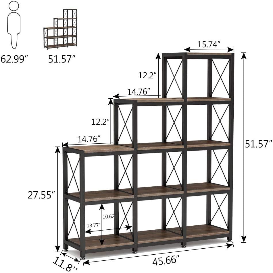 Bookshelf, 12 Shelves Industrial Bookcase, Industrial Corner Bookshelf, 9 Cubes Stepped Bookcase, Shelf Storage Organizer, 2