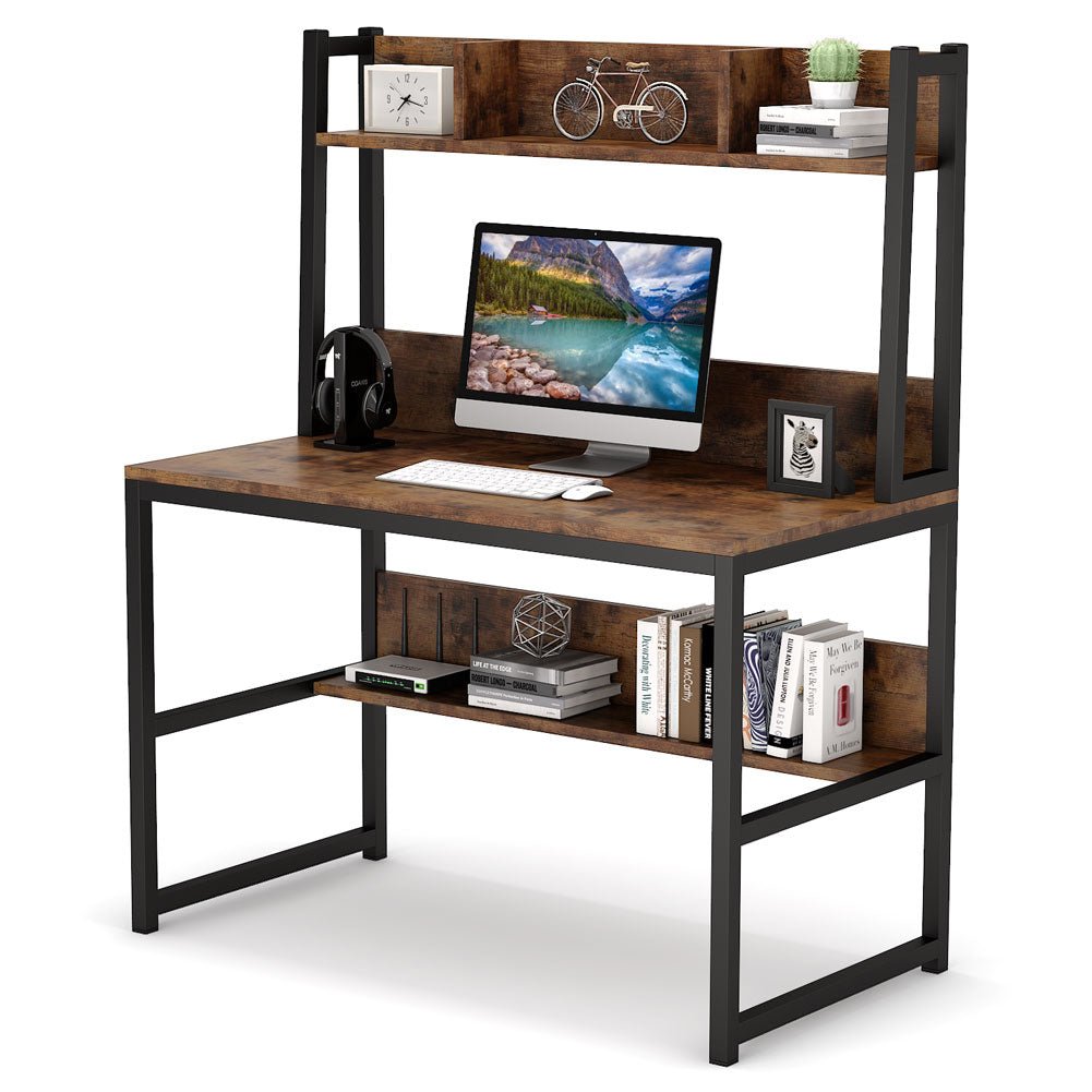 Computer Desk, office computer desk, pc desk, with Hutch, and Shelves, Brown - Tribesigns 2