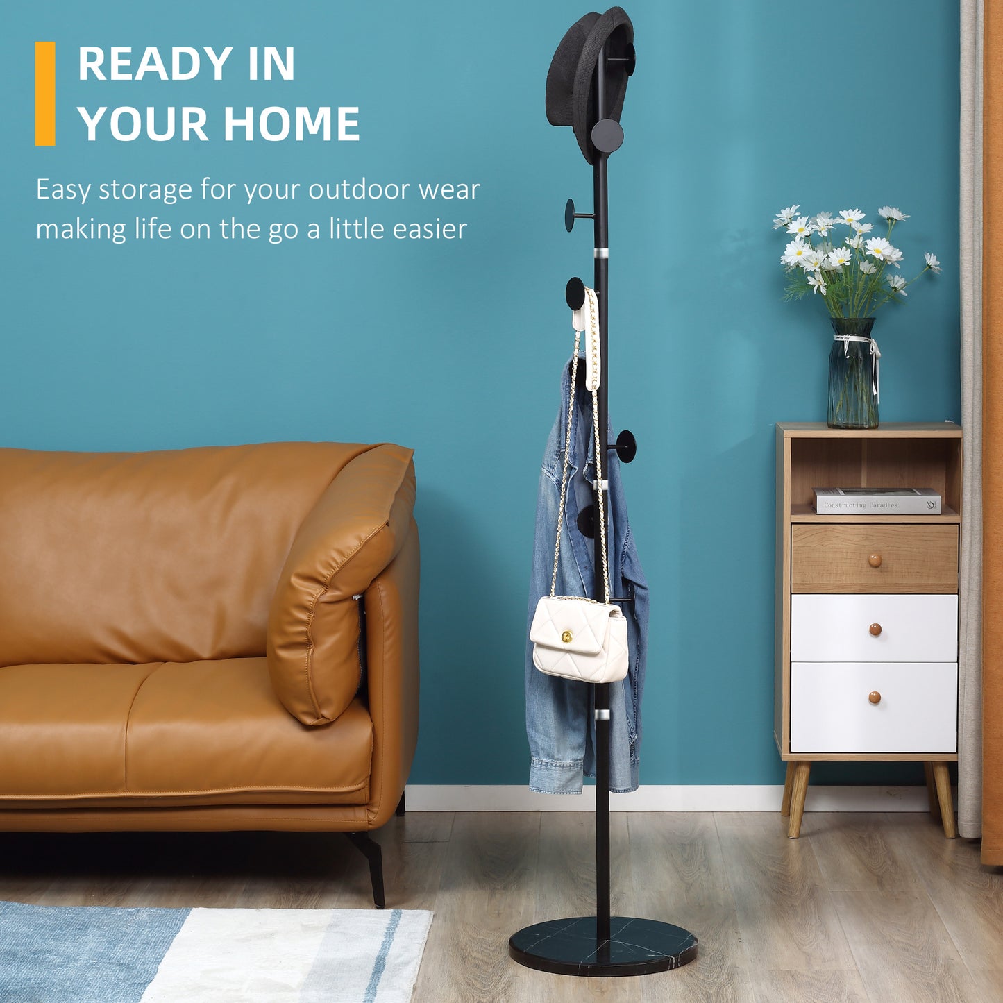Coat Rack Free Standing Hall Tree with 8 Round Disc Hooks for Clothes, Hats,Purses, Steel Entryway Coat Stand with Marble Base for Entryway, Living Room, Bedroom, Black, HOMCOM, 4