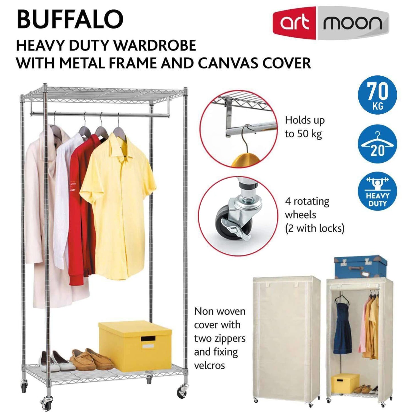 wardrobe, wardrobe on wheels, wardrobe on wheels with cover, heavy duty clothes rail, Holds up to 154 Lbs