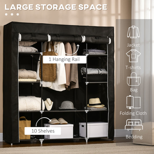 Portable Wardrobe, Foldable Fabric Wardrobe, 150 x 43 x 162.5cm, Clothes Storage Organiser with Hanging Rail, Shelves, Fabric Cover for Bedroom, Black, HOMCOM, 4