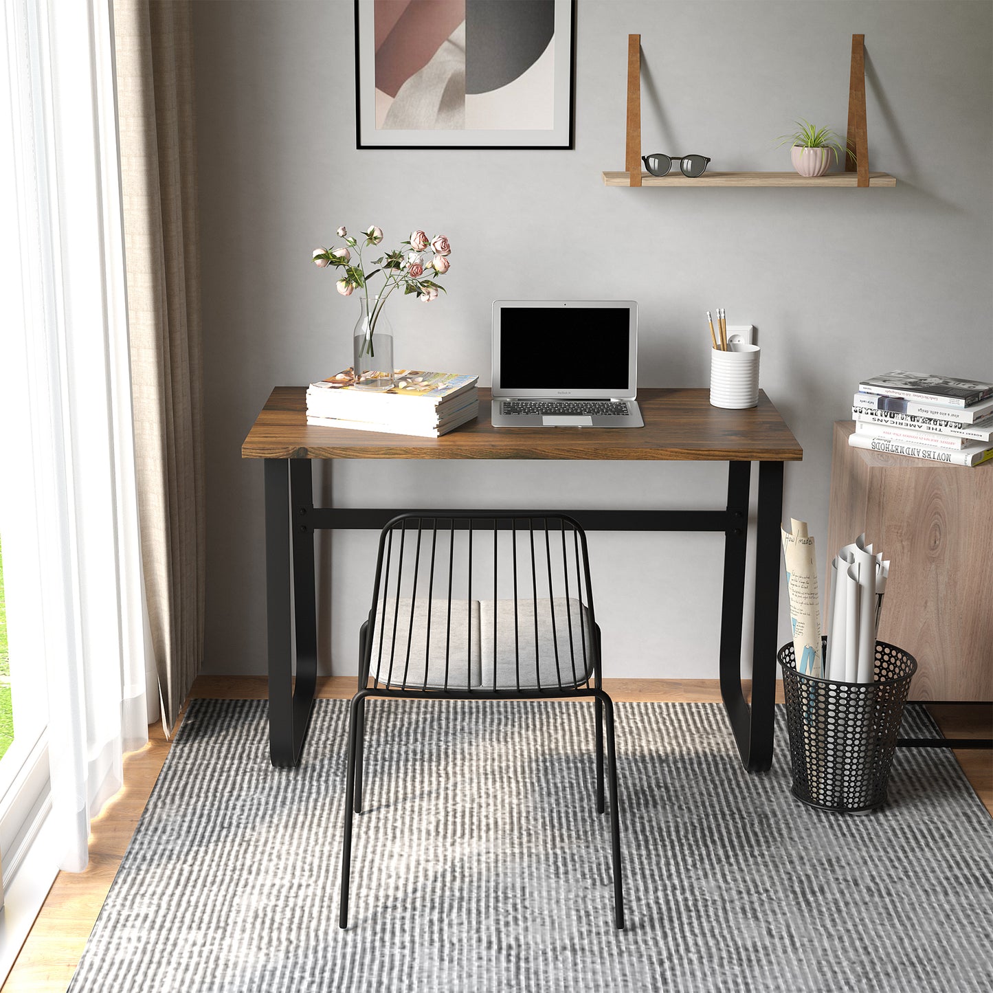 Computer Desk, Small Home Office Desk, Industrial Study Workstation with Metal Frame, 115 x 58 x 74.5cm, Rustic Brown and Black, HOMCOM, 4