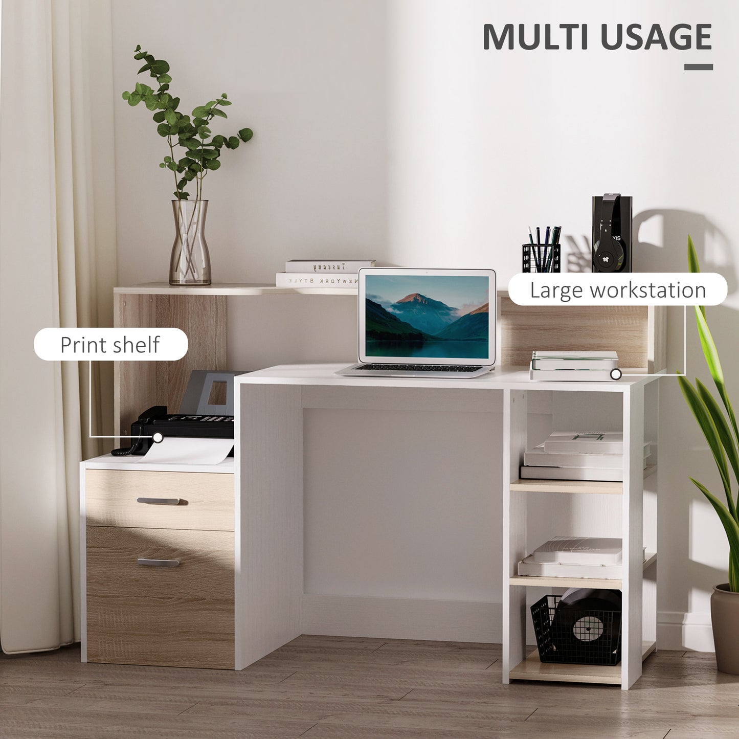 Computer Desk with Drawers and Storage Shelves, Reception Desk, Study Workstation for Home Office, 137 x 55 x 92cm, Oak and White, HOMCOM, 4