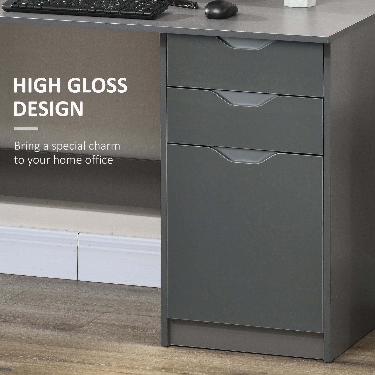 Computer Desk with Drawers, High Gloss Home Office Desk with Storage Cabinet, Study Workstation, 120 x 60cm, Grey, HOMCOM, 5