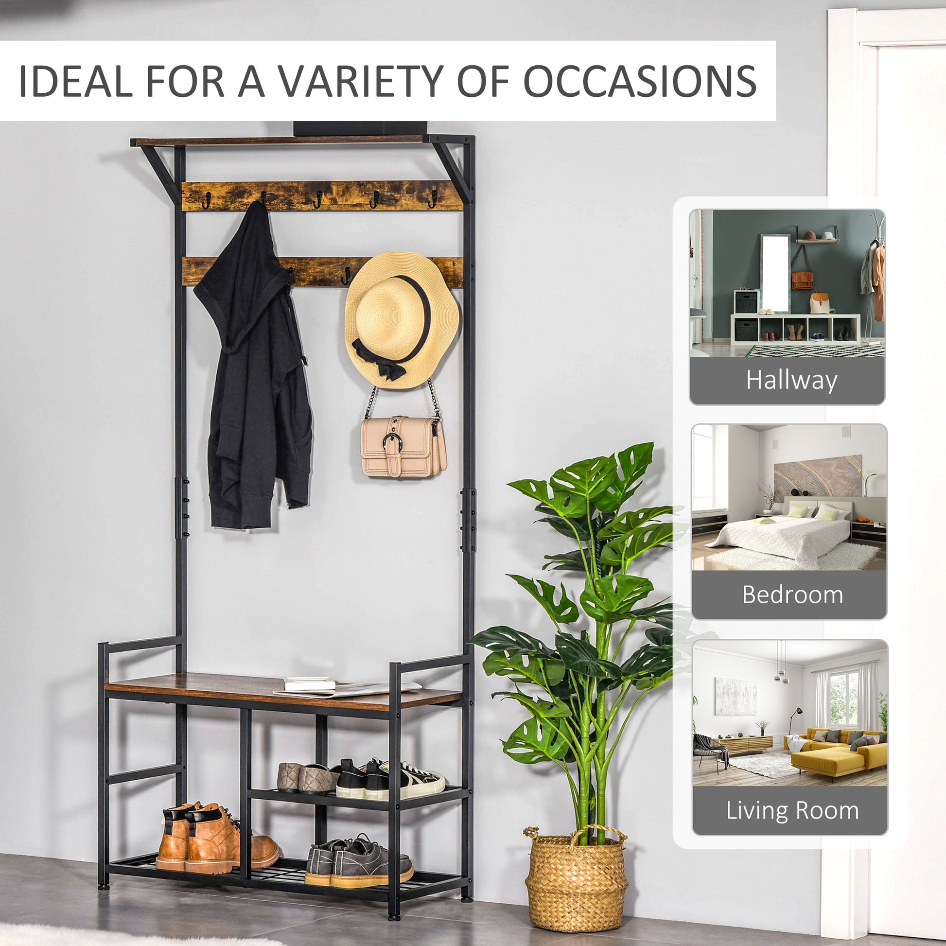 Coat Rack Stand Shoe Storage Bench with 9 Hooks Shelves for Bedroom Living Room Entryway Brown and Black 180cm, HOMCOM, 7