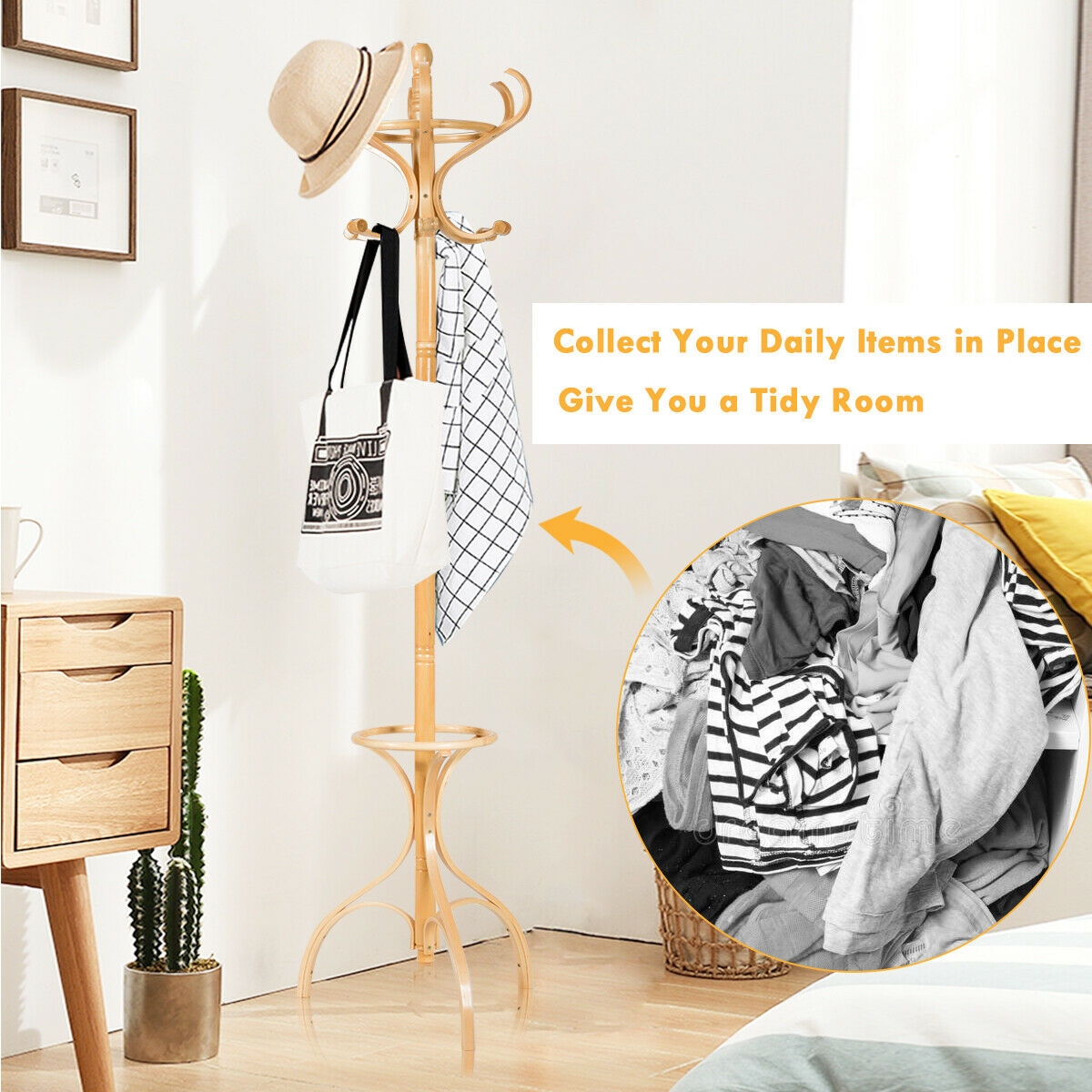 Wooden Coat and Hat Stand-Oak, Costway, 7