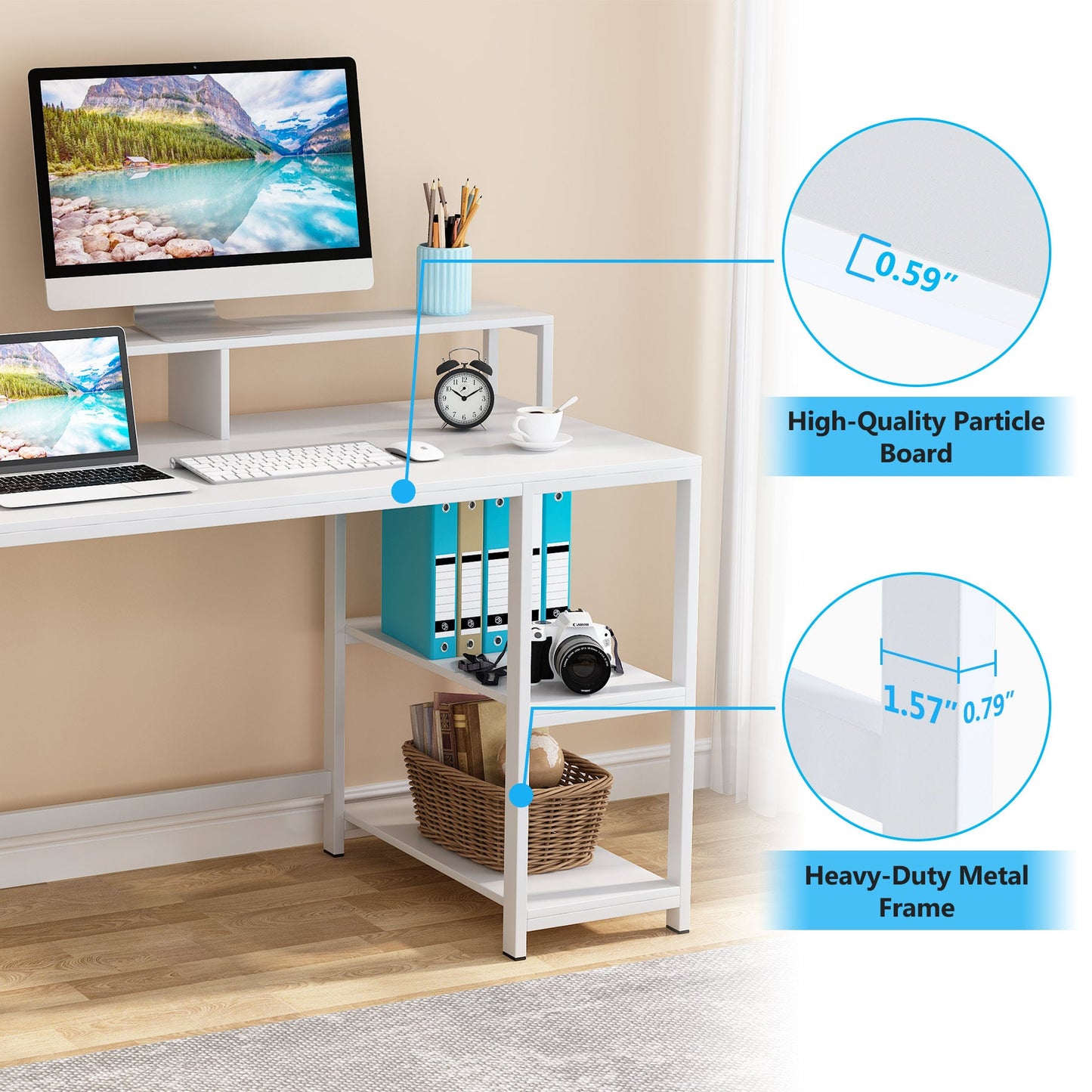 Small desks, office desk, desk computer, working desks, pc desk, with Shelves for Study, White - Tribesigns 4