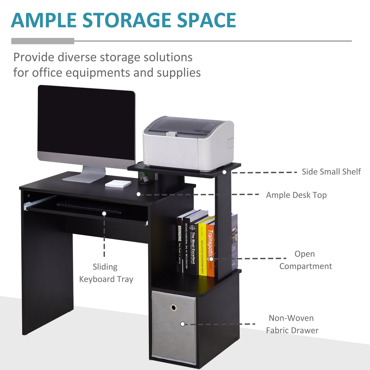 Computer Desk with Sliding Keyboard Tray Storage Drawer Shelf Home Office Workstation Black, HOMCOM, 4