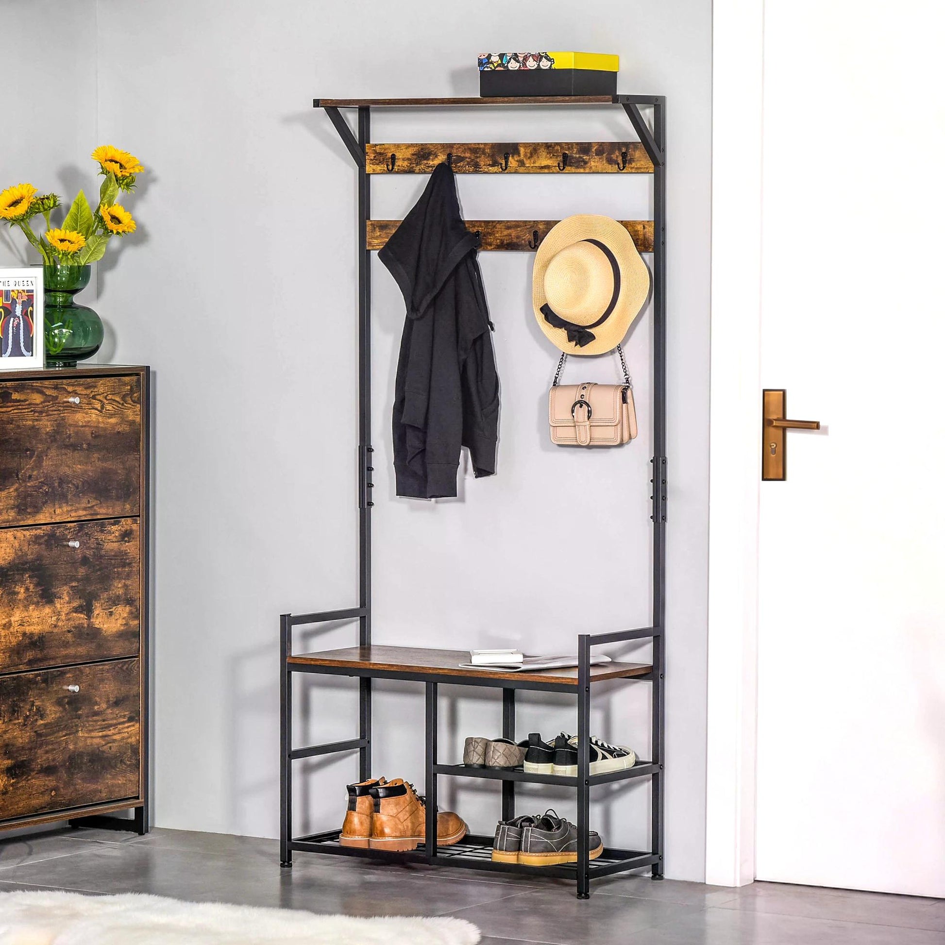 Coat Rack Stand Shoe Storage Bench with 9 Hooks Shelves for Bedroom Living Room Entryway Brown and Black 180cm, HOMCOM, 2