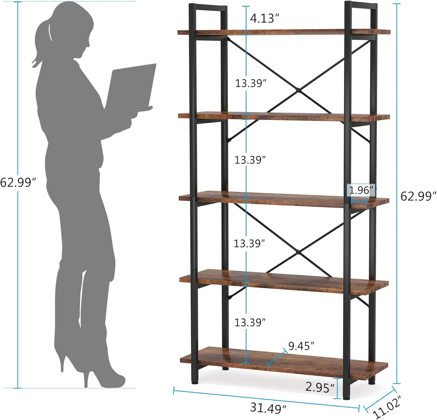 5-Tier Bookshelf, Industrial Style Bookcase, Shelving Unit, bookcase with storage, Living Room Bookcase, 2