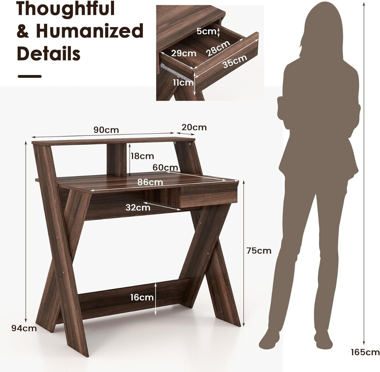 Computer Desk with Storage Drawer and Monitor Stand Riser-Walnut, Costway, 4