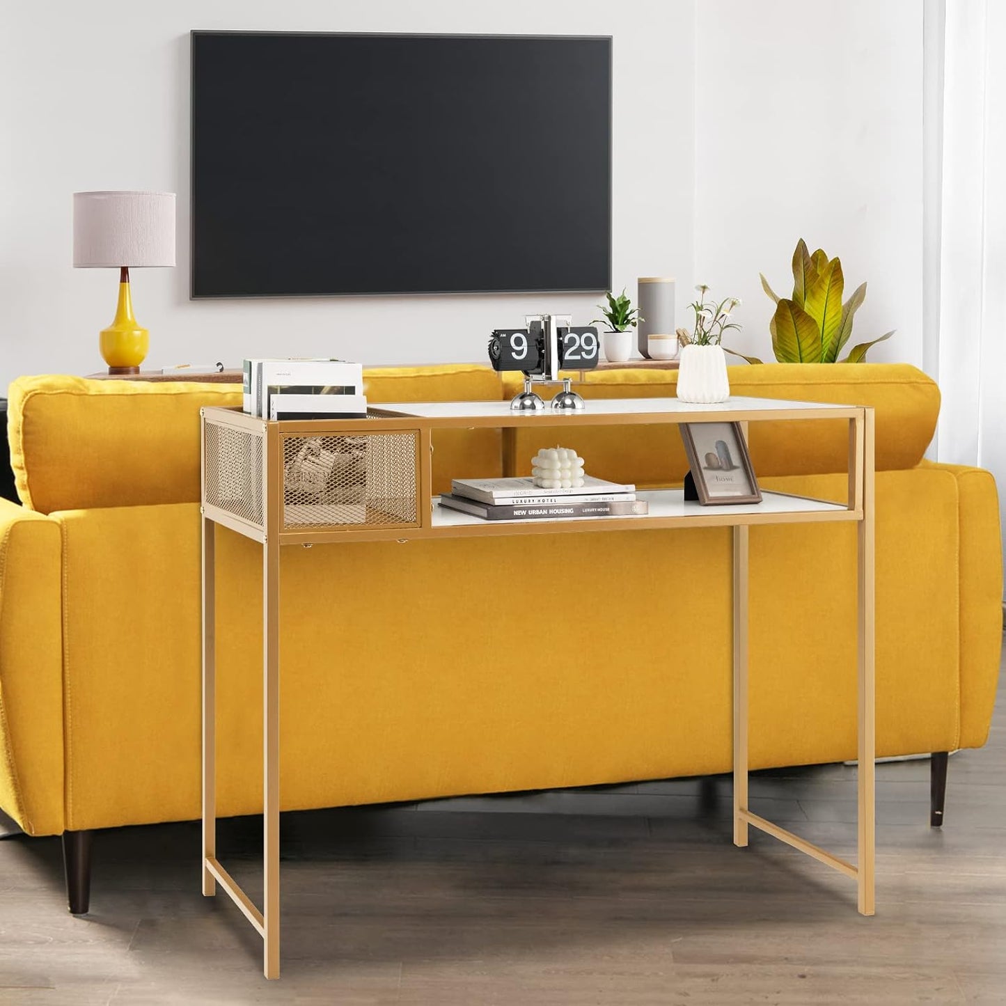 2-Tier Faux Marble Narrow Console Table with Mesh Storage Shelf, Hallway Table, Sofa Table, White, Costway, 7