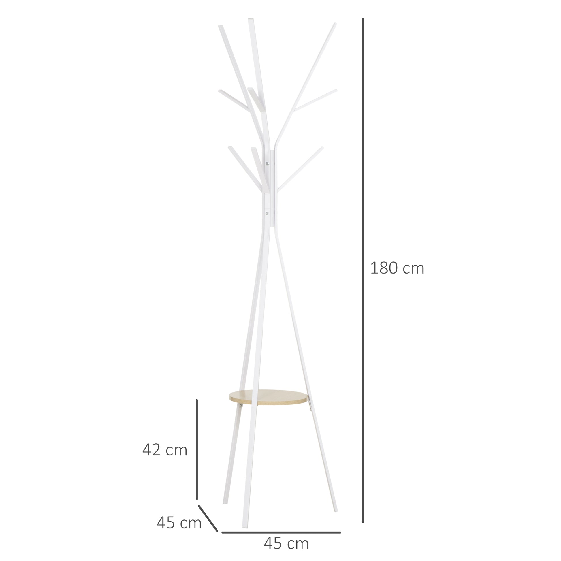 Freestanding Metal Coat Rack Stand 9 Hooks Clothes Tree with 1 Shelf Hat Display Hall Tree Hanger Bag Umbrella Hanging Organiser White, HOMCOM, 3