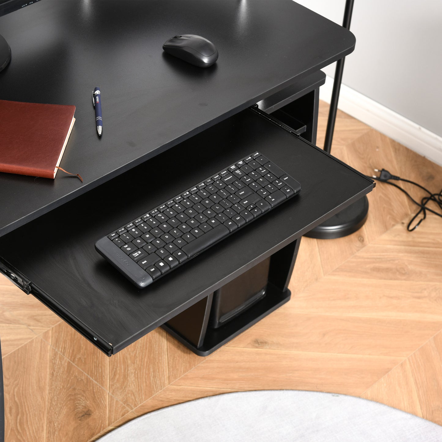 Computer Desk Office PC Table Workstation with Keyboard Tray, CPU Shelf, Drawers, Sliding Scanner Shelf, Black, HOMCOM, 9