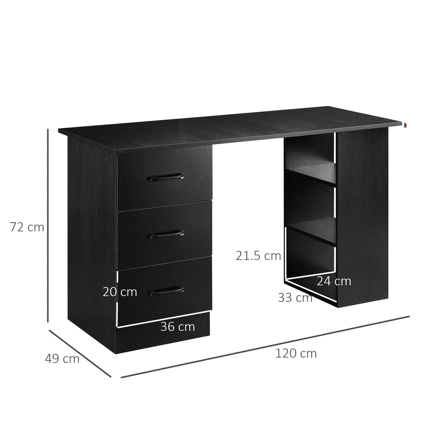 Computer Desk, Writing Table, PC Workstation with 3 Storage Shelves and Drawers, Black Handle, for Home Office, Black, HOMCOM, 3