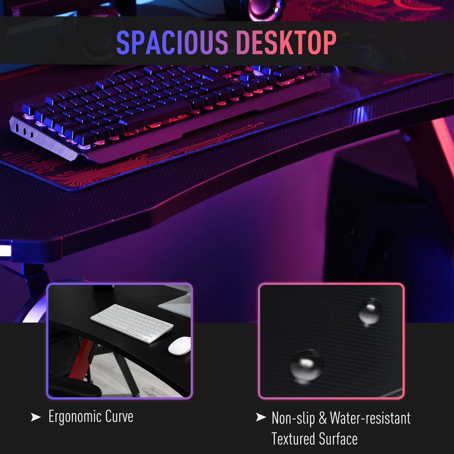 RGB 120 x 66cm Gaming Desk, Computer Table with Carbon Fibre Surface, Headphone Hook, Cup Holder, Controller Rack, Home Office Desk, Black and Red, HOMCOM, 6
