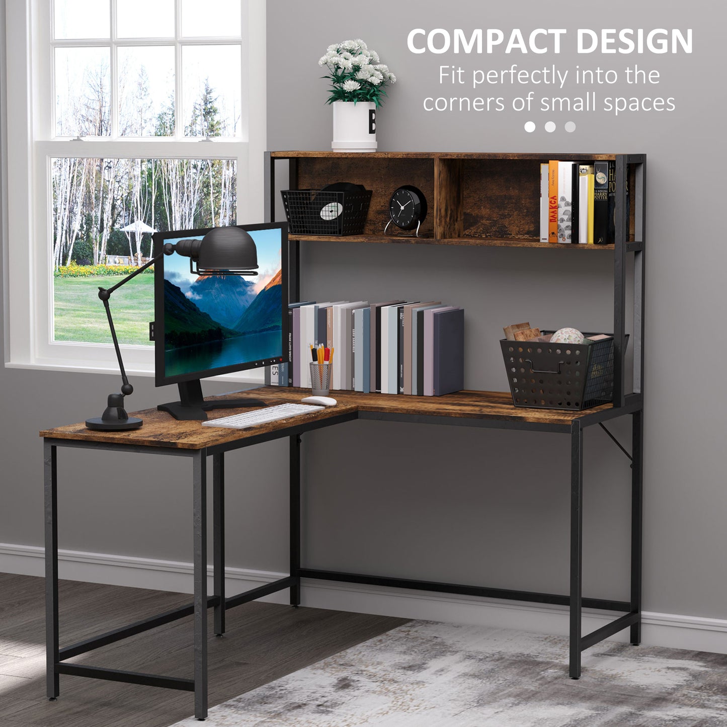 Reversible L Shaped Desk with Hutch, Industrial Computer Desk, Corner Desk with Storage Compartments and Steel Frame for Home Office, Study, 140 x 125cm, Brown, HOMCOM, 4