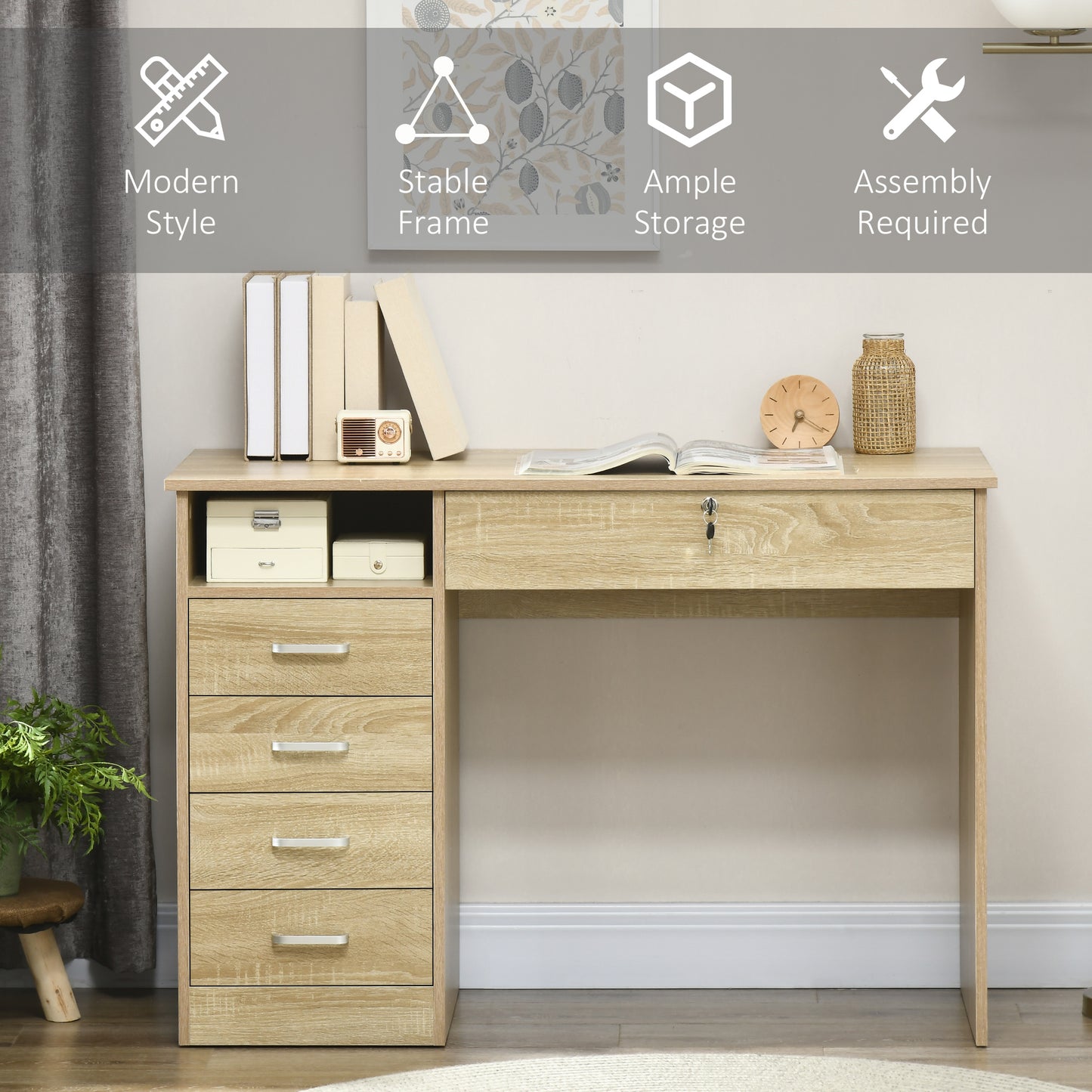 Computer Desk, Home Office Desk with Lockable Drawer, Storage Shelf for Study Bedroom, 110 x 50 x 76 cm, Oak, HOMCOM, 6