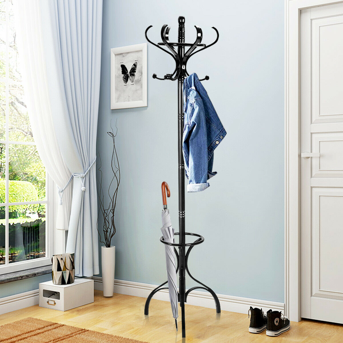 Wooden Coat and Hat Stand-Black, Costway, 7