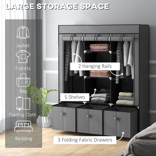 Fabric Wardrobe for Bedroom, Portable Wardrobe with 5 Shelves, 2 Hanging Rails and 3 Fabric Drawers, Foldable Closet, 125 x 43 x 162.5cm, Dark Grey, HOMCOM, 4
