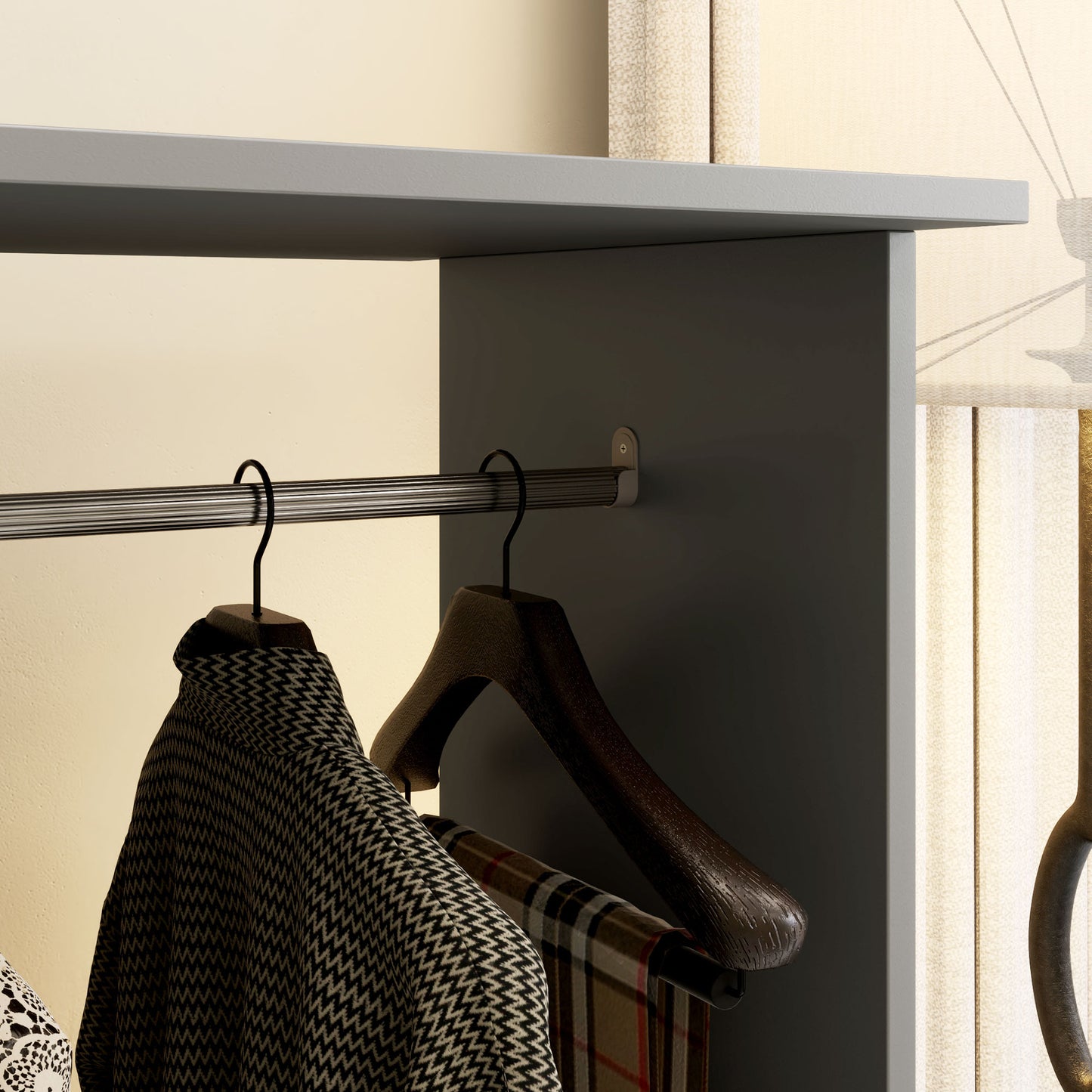 Double Open Wardrobe on Wheels, Bedroom Wardrobe with Clothes Hanging Rails, 3 Storage Shelves, Mobile Garment Rack for Cloakroom, Hallway, Grey, HOMCOM, 9