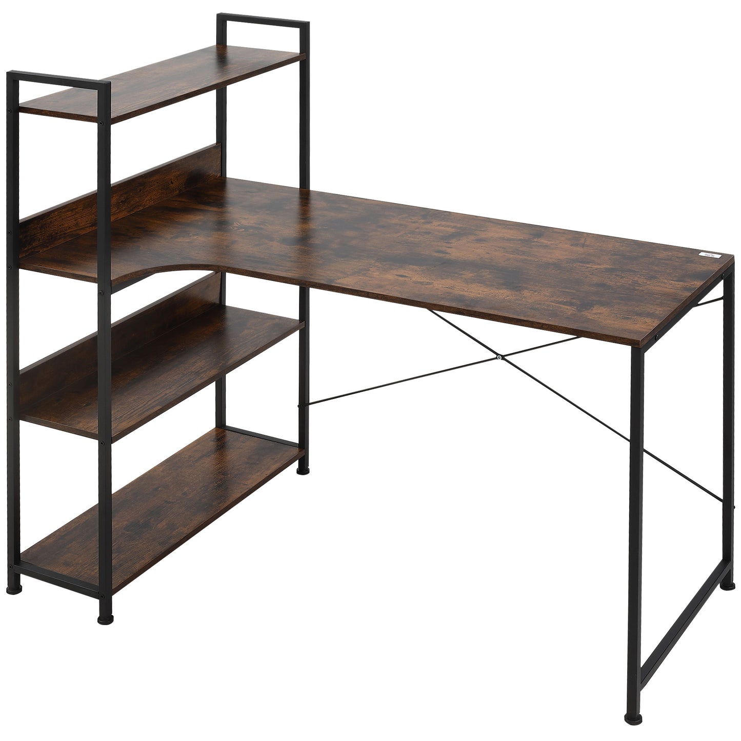Computer Desk with 4-Tier Storage Shelf, Study Table, Home Office Desk with Bookshelf and Metal Frame, 120 x 70 x 120cm, Brown, HOMCOM, 1