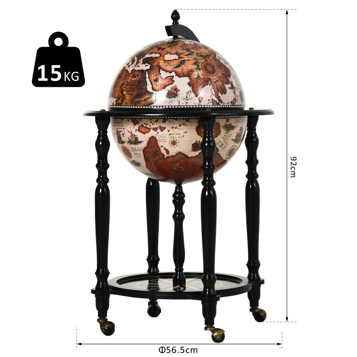 Unique Globe Drinks Cabinet Wood Frame 3 Compartments Bottles Glasses w/ Bottom Shelf 4 Wheels Elegant Antique Movable Safe Storage Presentation Wine Alcohol Beverage Trolley Brown Beige, HOMCOM, 3
