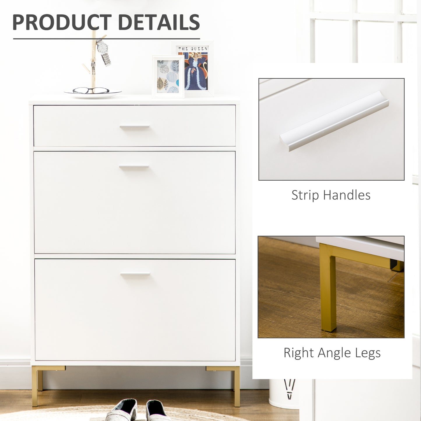 Three Drawer Slim Shoe Storage Cabinet, 12 Shoe Pairs - White, HOMCOM, 7