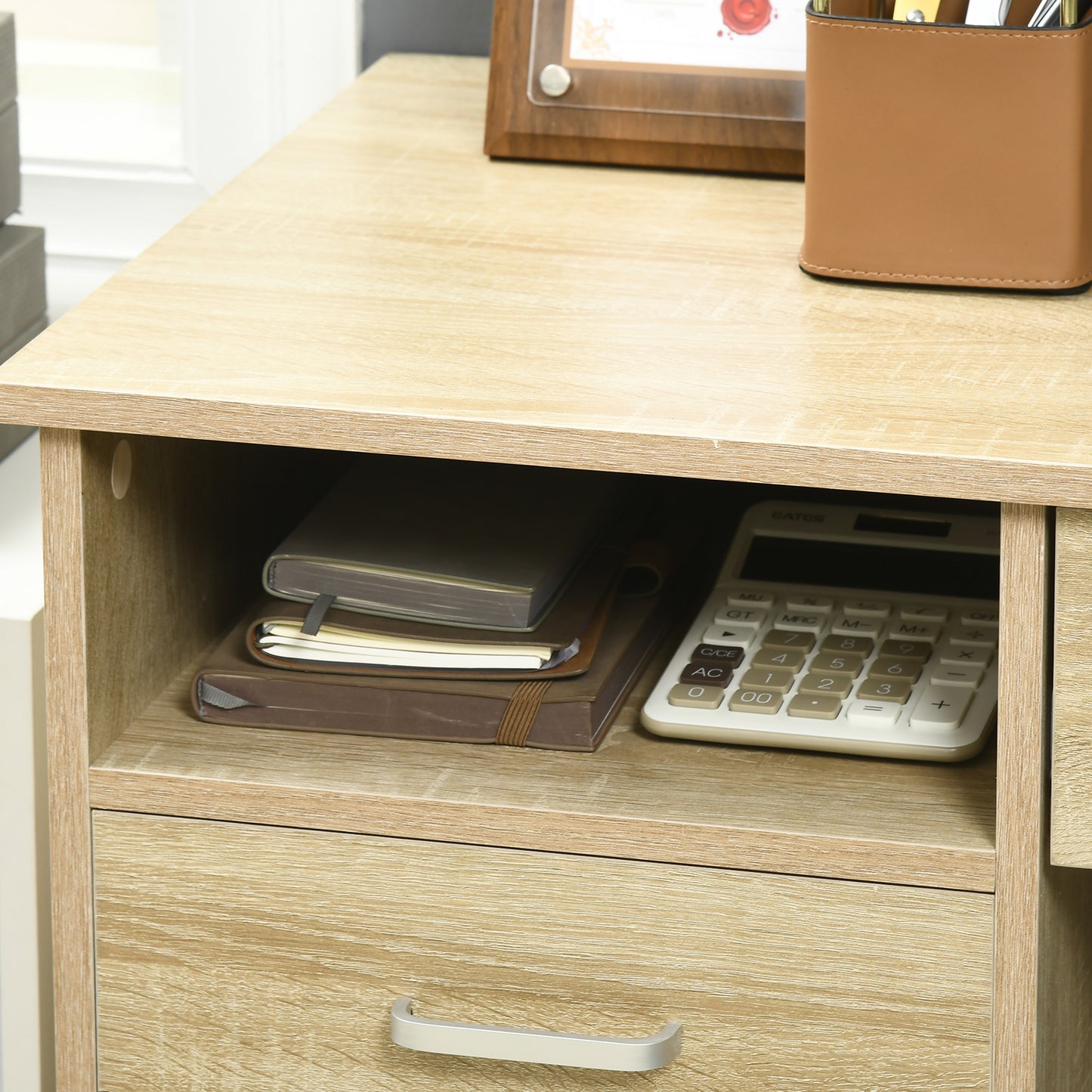 Computer Desk, Home Office Desk with Lockable Drawer, Storage Shelf for Study Bedroom, 110 x 50 x 76 cm, Oak, HOMCOM, 7