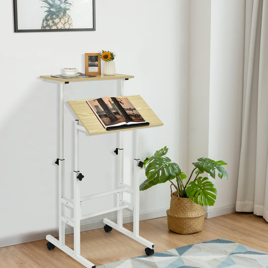 2-Tier Adjustable Standing Desk on Wheels-Natural, Costway, 2