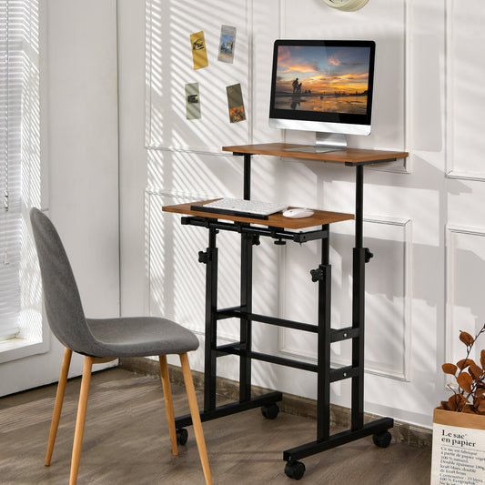 2-Tier Adjustable Standing Desk on Wheels-Walnut, Costway, 2