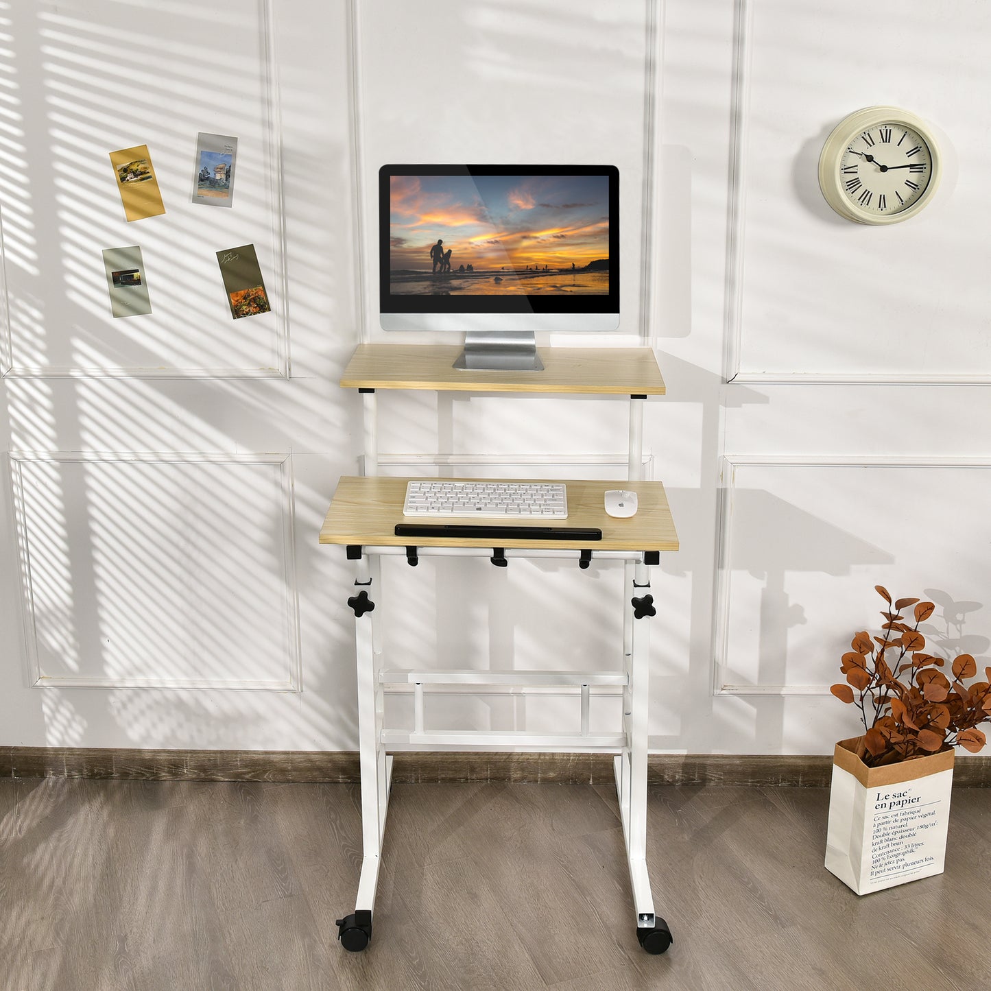 2-Tier Adjustable Standing Desk on Wheels-Natural, Costway, 3